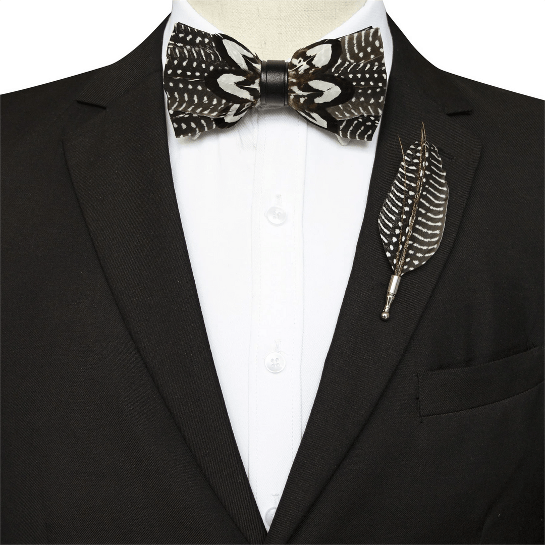Brown & White Spots Feather Bow Tie with Lapel Pin - image 1