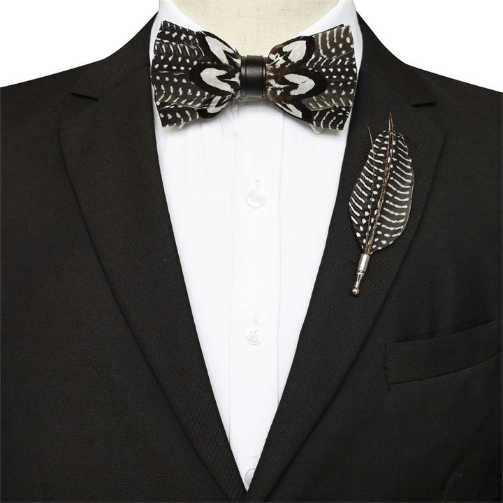Brown & White Spots Feather Bow Tie with Lapel Pin - image 1