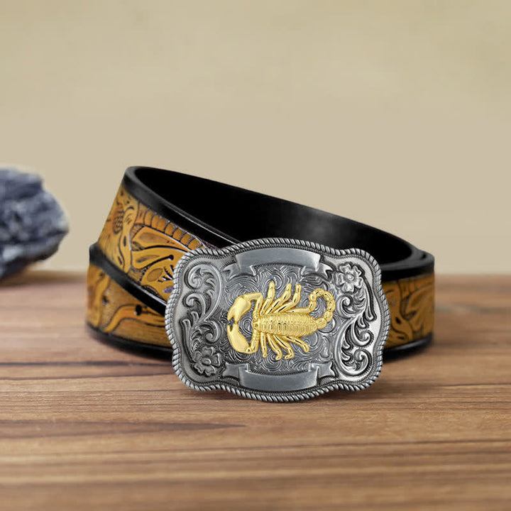Men's DIY Gold Carving Animal Buckle Leather Belt - Scorpion - SandyBrown Belt (40) - image 62