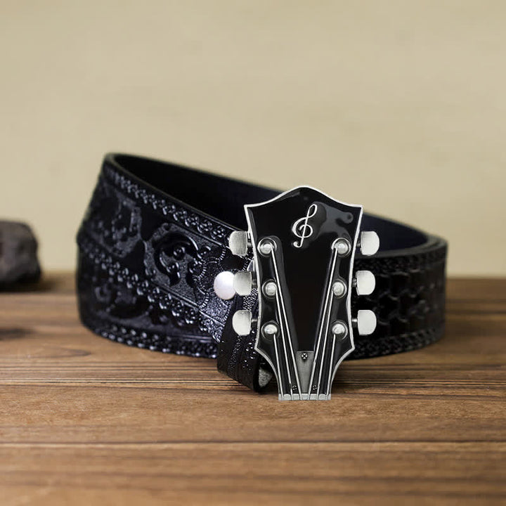 Men's DIY Musical Guitar Headstock Buckle Leather Belt - Black - Black Carved Belt (40) - image 21