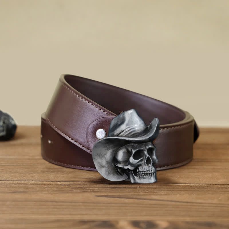 Men's DIY Creative Skull Head With Hat Buckle Leather Belt - Skull Head - Brown PU Belt (40) - image 7