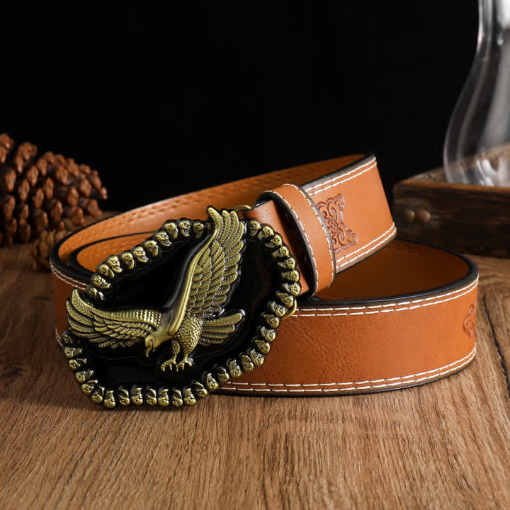Men's Antique Gold Eagle Soaring Hawk Leather Belt - Yellowish-Brown #2 - 42 - image 5