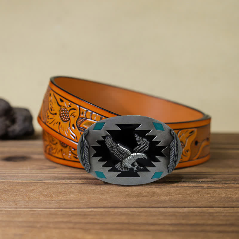 Men's DIY Western Flying Eagle Buckle Leather Belt - Eagle - Orange Carved Belt (40) - image 15