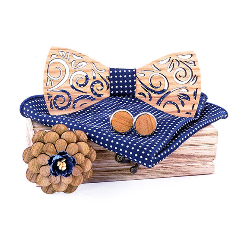 4Pcs Men's Hollow Leaf Design Wooden Bow Tie Set - Navy Dots - image 10