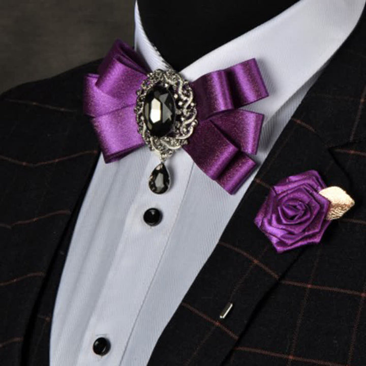 3Pcs Black Rhinestone Solid Colored Bow Tie Set - Purple - image 0