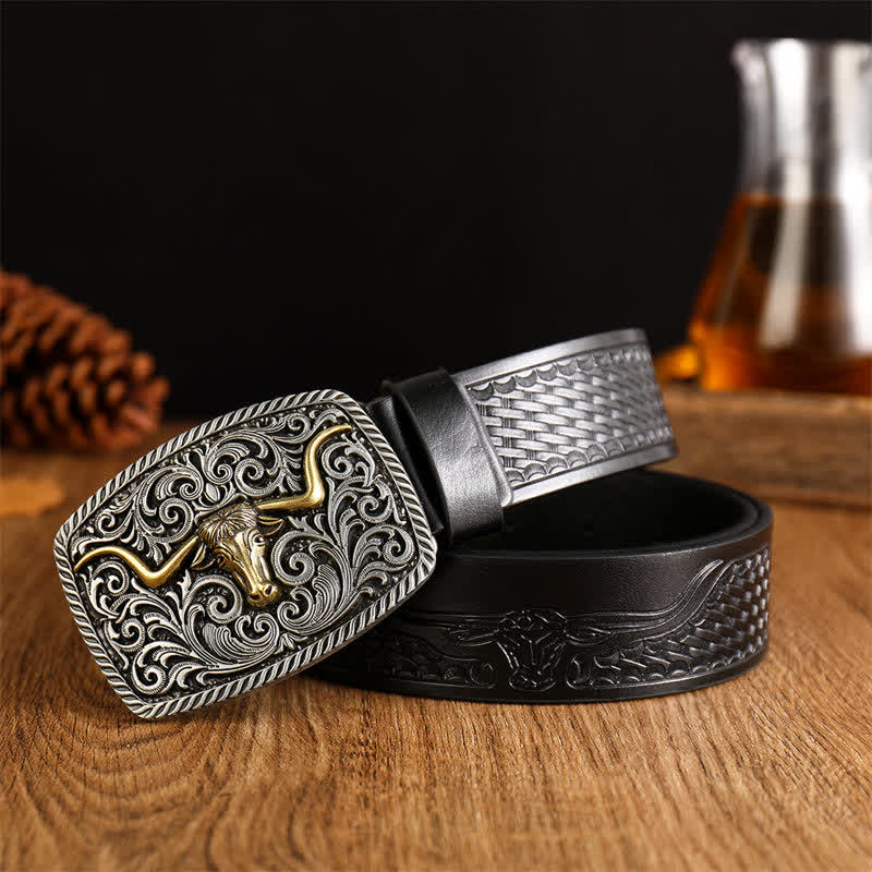 Men's Flower Square Bull Buckle Leather Belt - Black / Silver - 38 - image 0