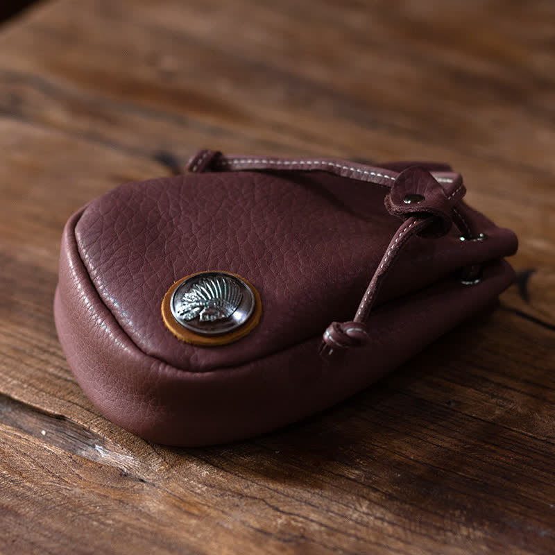 Small Wallet Coin Purse Drawstring Leather Belt Bag - Reddish-Brown - image 16