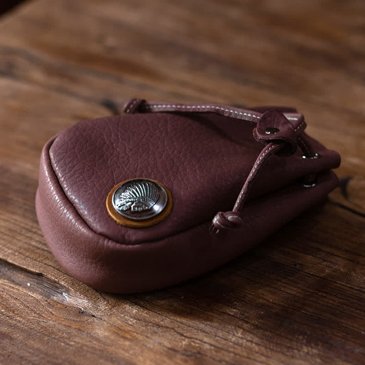Small Wallet Coin Purse Drawstring Leather Belt Bag - Reddish-Brown - image 16