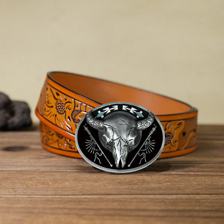 Men's DIY Indian Theme Bull Skull Buckle Leather Belt - Black - Orange Carved Belt (40) - image 17
