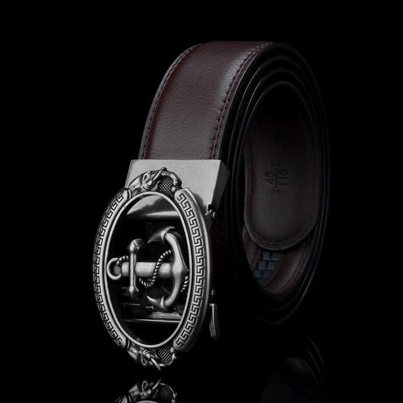 Men's Nautical Ship Anchor Leather Belt - Brown & Silver - 46 - image 5