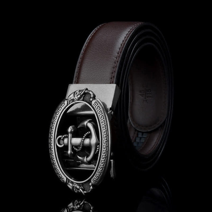 Men's Nautical Ship Anchor Leather Belt - Brown & Silver - 46 - image 5