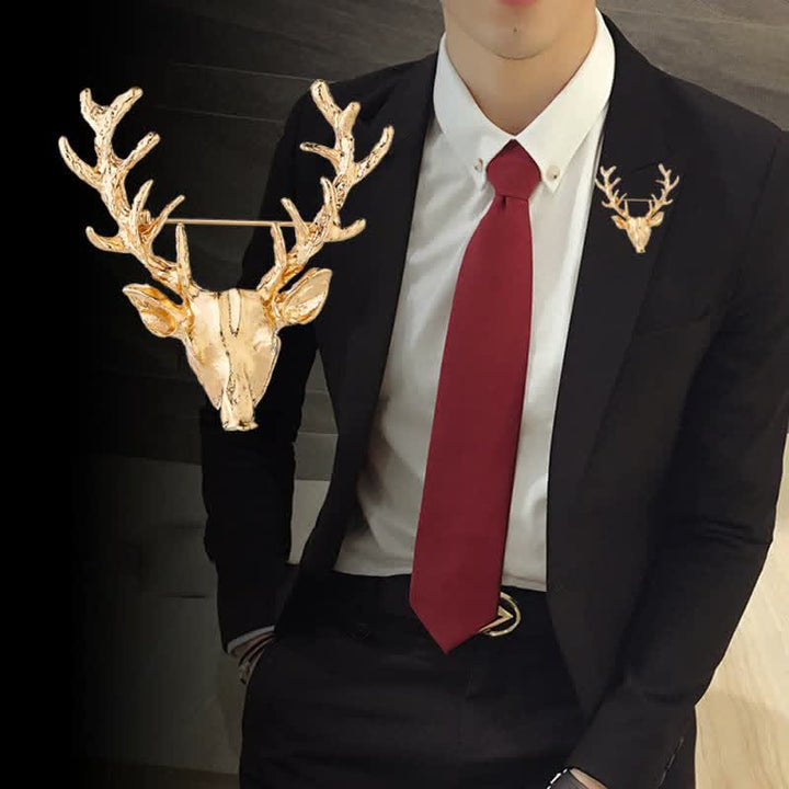 Men's Antler Stag Head Brooch - Gold - image 0