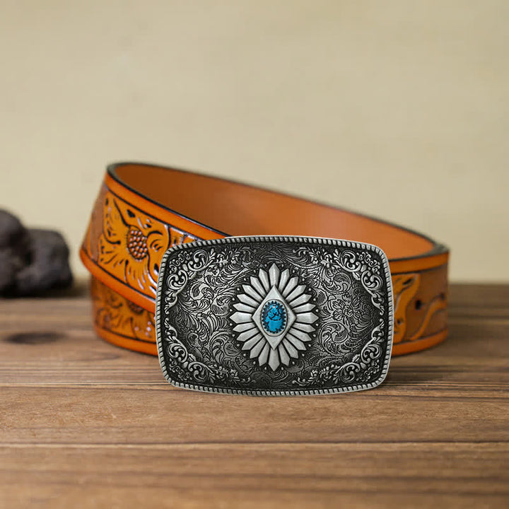 Men's DIY Square Turquoise Western Buckle Leather Belt - Antique Silver - Orange Carved Belt (40) - image 26
