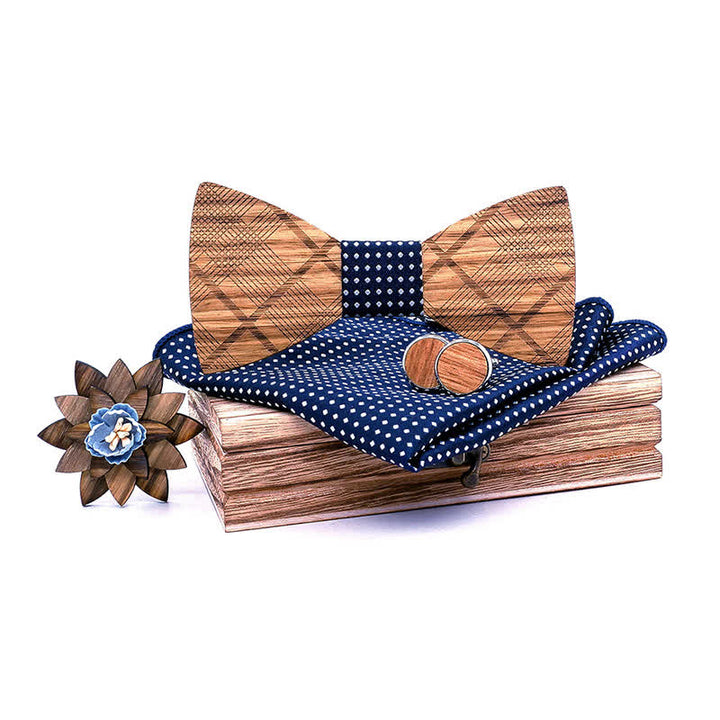 4Pcs Men's Classic Plaids Wooden Bow Tie Set - Navy Dots - image 6