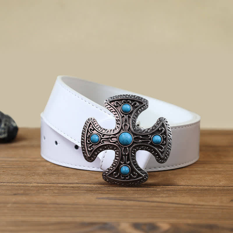 Men's DIY Retro Turquoise Stone Cross Buckle Leather Belt - Cross - White PU Belt (40) - image 4