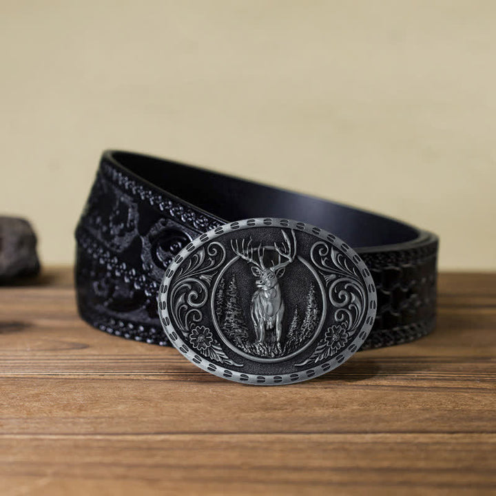 Men's DIY Deer Hunter American Flag Buckle Leather Belt - Silver Deer - Black Carved Belt (40) - image 28