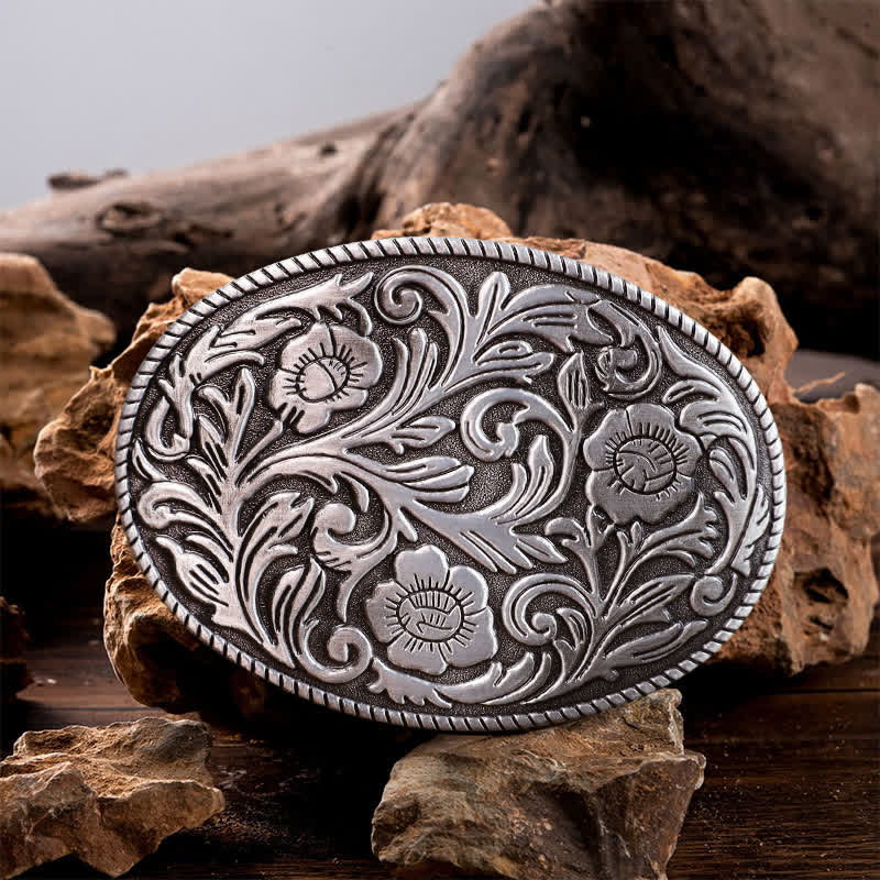 Men's DIY Classical Floral Oval Buckle Leather Belt - Antique Silver - Without Belt - image 0