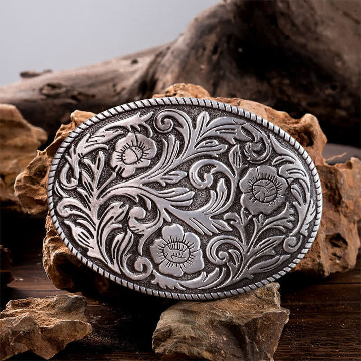 Men's DIY Classical Floral Oval Buckle Leather Belt - Antique Silver - Without Belt - image 0