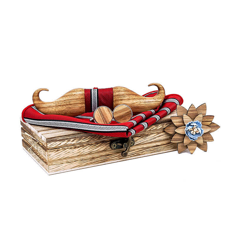 4Pcs Men's Burlywood Moustache Wooden Bow Tie Set - Red - image 9