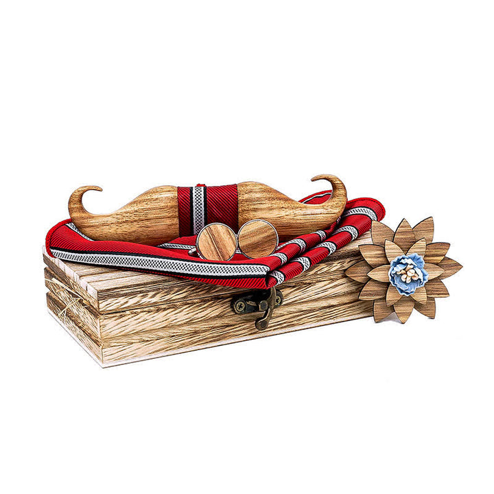 4Pcs Men's Burlywood Moustache Wooden Bow Tie Set - Red - image 9