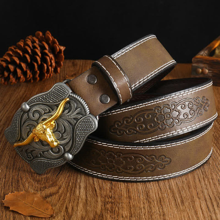 Men's Square Golden Longhorn Bull Leather Belt - image 16