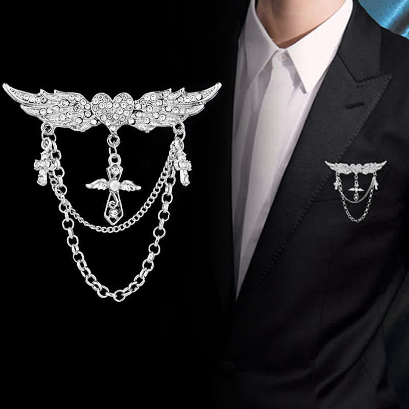 Men's Angel Wings Heart Cross Tassel Brooch - image 1