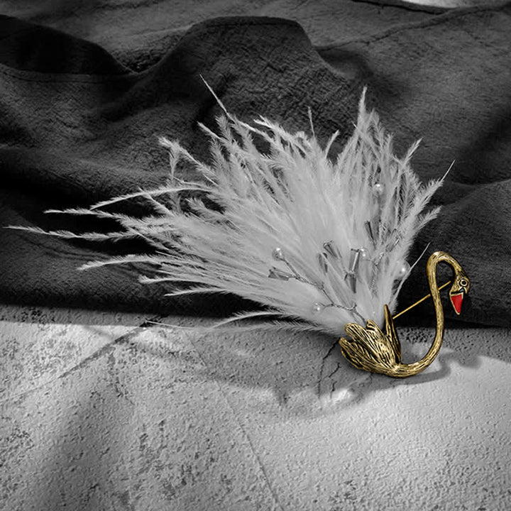 Women's Black / White Swan Plush Feather Brooch - Style #2 - White - image 10