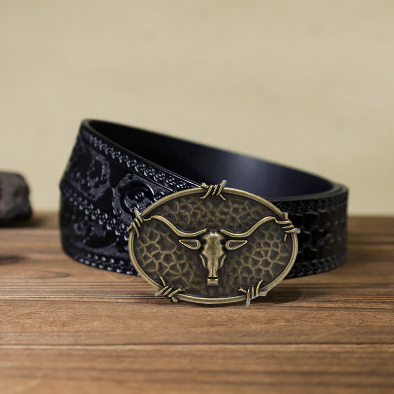 Men's DIY Cowboy Bull Head Hammered Buckle Leather Belt - Antique Bronze - Black Carved Belt (40) - image 16
