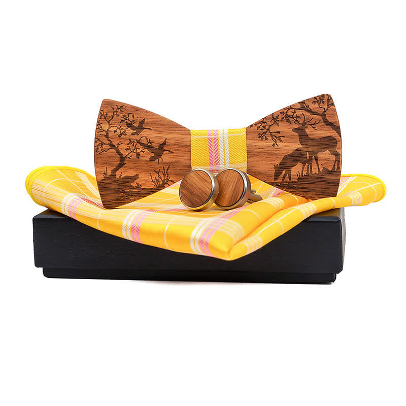3Pcs Men's Fancy Christmas Elk Wooden Bow Tie Set - Yellow - image 10