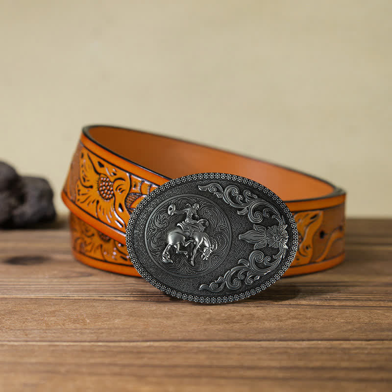 Men's DIY Off-Road Horse Riding Buckle Leather Belt - Horse Riding - Orange Carved Belt (40) - image 14