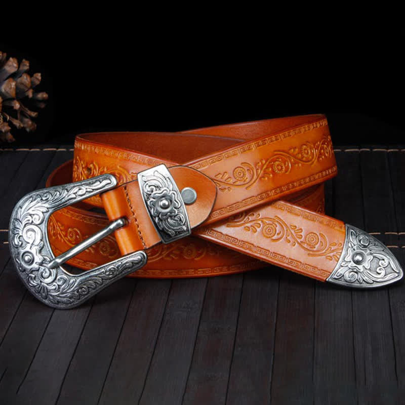 Unisex Rustic Texture Flower Printing Leather Belt - image 16