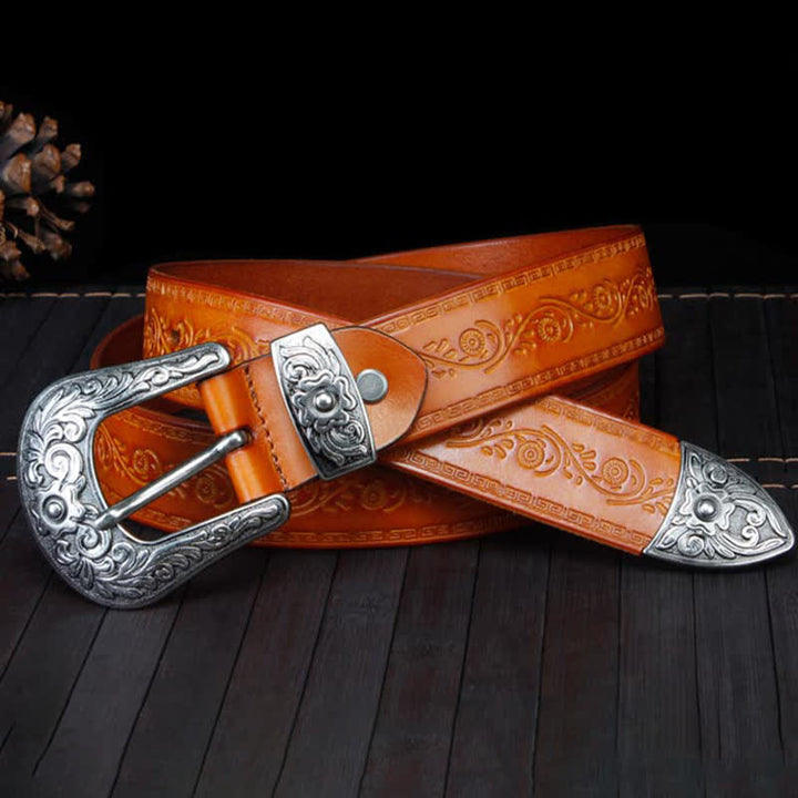 Unisex Rustic Texture Flower Printing Leather Belt - image 16