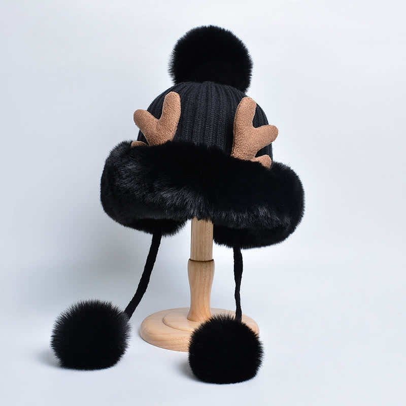 Women's Cute Deer Horn Pompom Knitted Hat - Black - Adjustable (Approx. 21 5/8"-23 7/8") - image 4