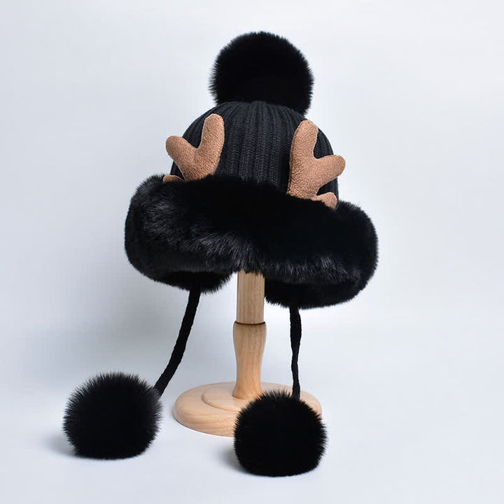 Women's Cute Deer Horn Pompom Knitted Hat - Black - Adjustable (Approx. 21 5/8"-23 7/8") - image 4