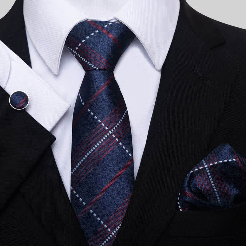 3Pcs Men's Deep Navy & Red Plaid Necktie Set - Deep Navy & Red - image 0