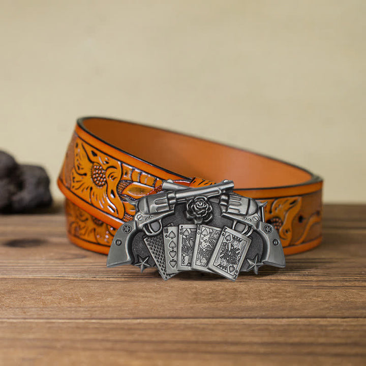 Men's DIY Double Pistol Poker Buckle Leather Belt - Double Pistol - Orange Carved Belt (40) - image 15