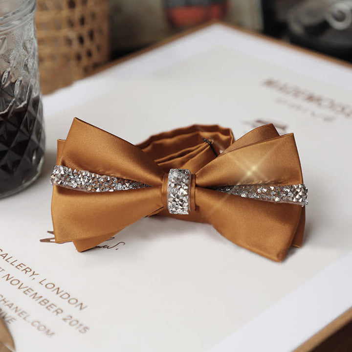 Men's Shining Rhinestone Satin Bow Tie Pocket Square Set - Yellow - Bow Tie - image 19