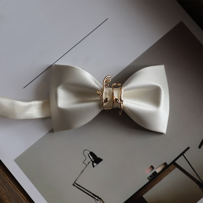 Men's Gold Vine Leaf Silky Sateen Bow Tie - White - image 13
