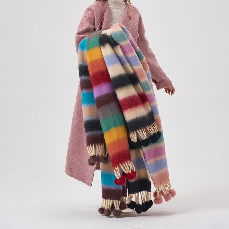 Women's Rainbow Color Striped Tassel Scarf - image 1
