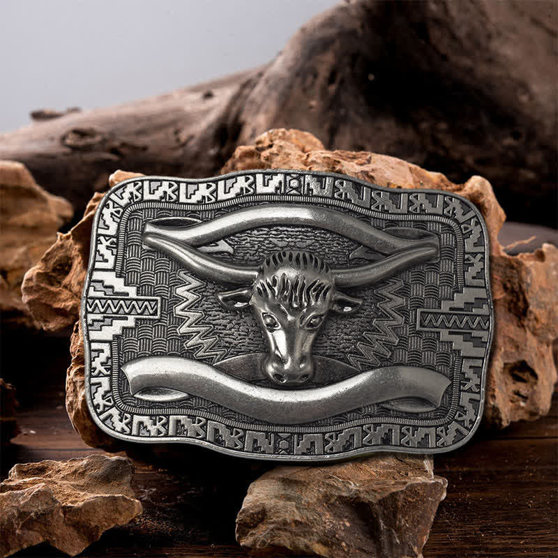 Men's DIY Silver Square Longhorn Bull Buckle Leather Belt - Bull Head - Without Belt - image 0