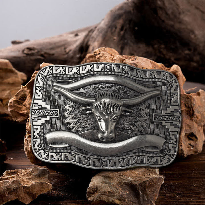 Men's DIY Silver Square Longhorn Bull Buckle Leather Belt - Bull Head - Without Belt - image 0
