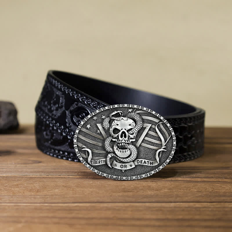 Men's DIY "Liberty or Death" Snake Skull Buckle Leather Belt - Antique Silver - Black Carved Belt (40) - image 15