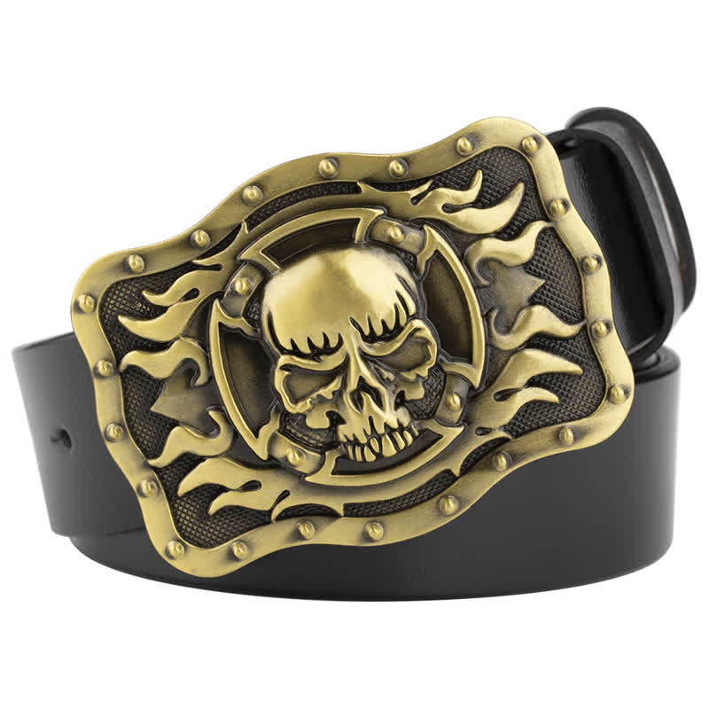 Men's Rectangular Flame Skull Leather Belt - Gold - 44 - image 1