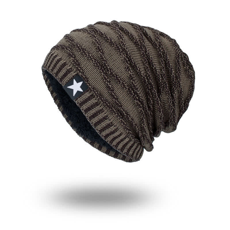 Fleece Lined Five-Star Beanie Knitted Hat - Khaki - M (22"-22 7/8") - image 7