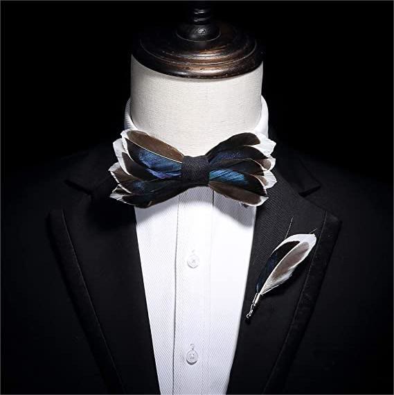 DarkBlue & Brown Graceful Feather Bow Tie with Lapel Pin - image 2