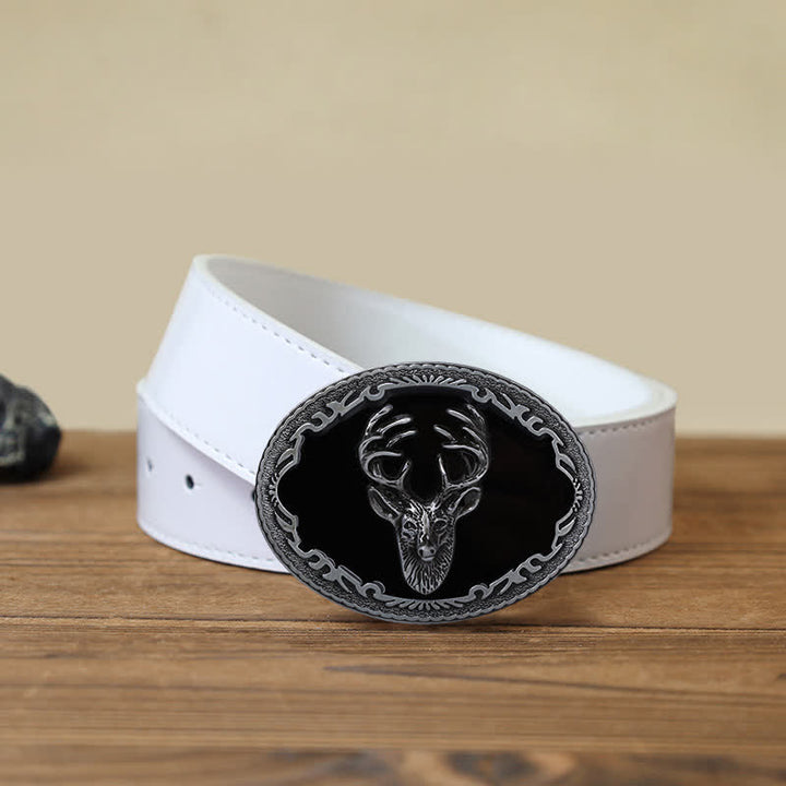 Men's DIY Black Deer Head Buckle Leather Belt - Deer - White PU Belt (40) - image 5