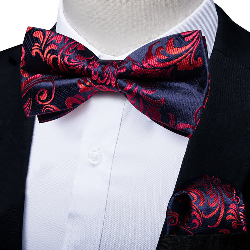 2Pcs Men's Red & Navy Floral Bow Tie Pocket Square Set - Red & Navy - image 0