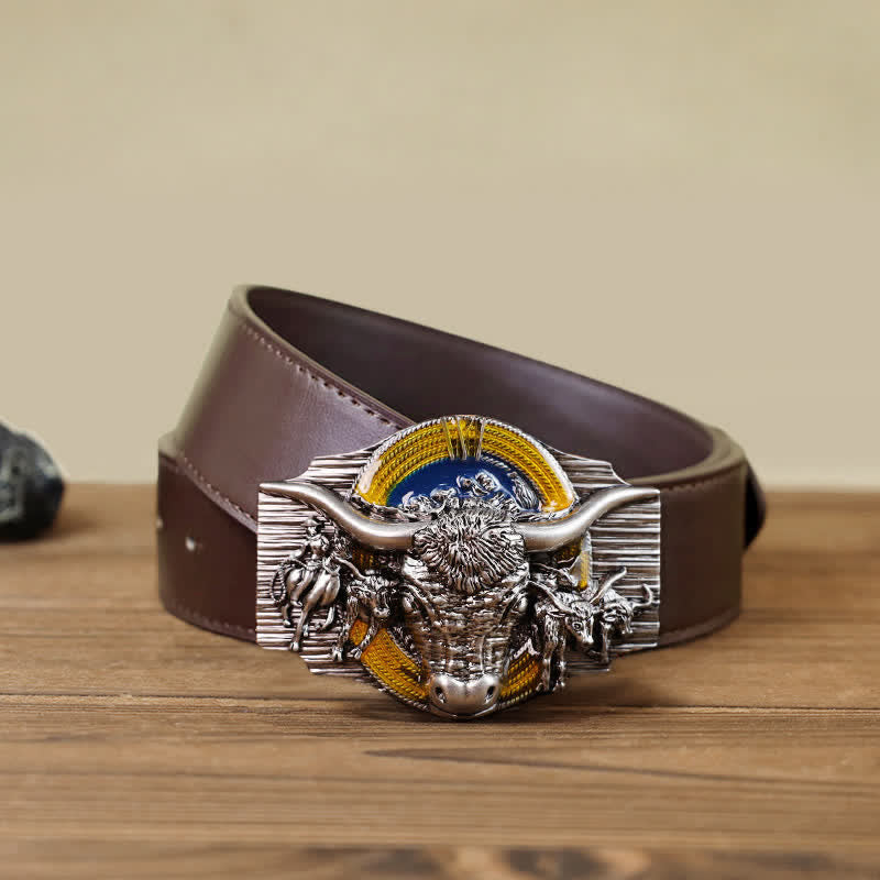 Men's DIY Domineering Longhorn Bull Buckle Leather Belt - Bull - Brown PU Belt (40) - image 6
