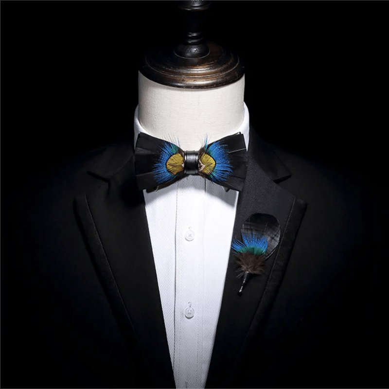 Blue & Black Pheasant Feather Bow Tie with Lapel Pin - image 2