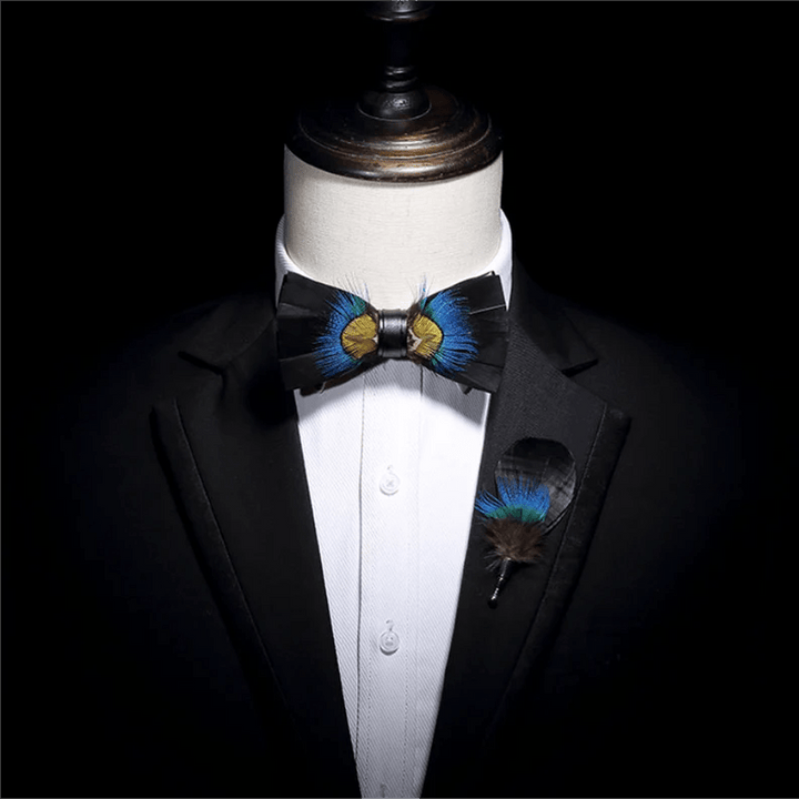 Blue & Black Pheasant Feather Bow Tie with Lapel Pin - image 2